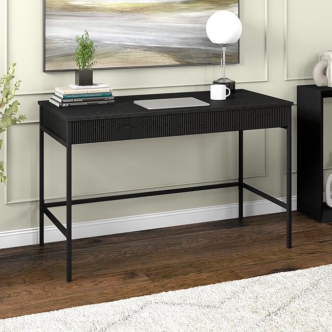Henn&ampHart 48 Fluted Mid-Century Modern Rectangular Wooden Home Office Desk Computer Desk Writing Table with 3 Ribbed Storage Drawers for Bedroom Living Room or Home Office Ebony