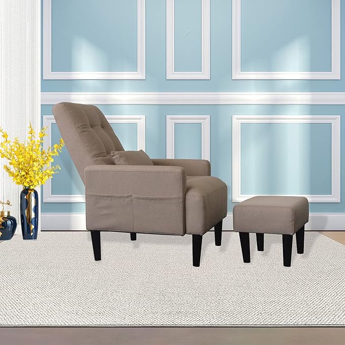 Brown Living Room Sofa Single Chair and Ottoman Modern Multi-Function Fabric Living Room Sofa Lounge Chair Bed and Stool. Soft Leisure Single Chair Adjustable into 5 Angles