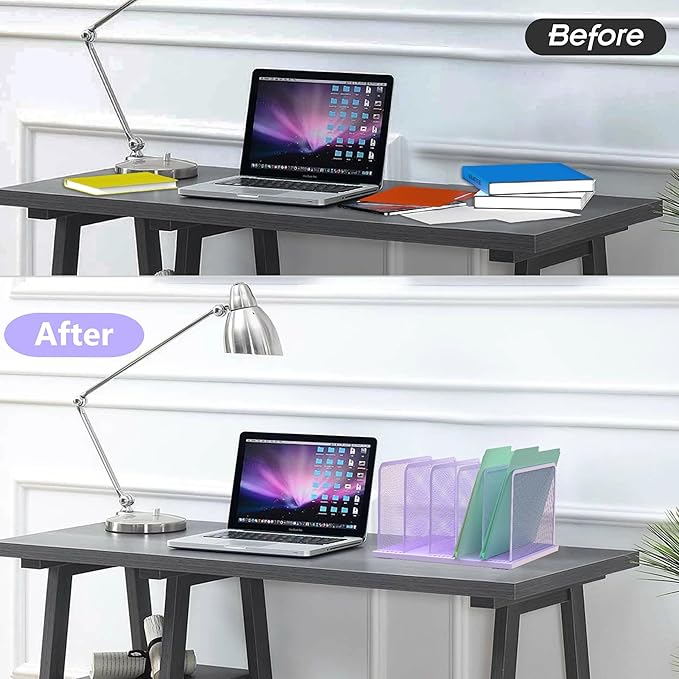 Kuntine.B Desk File Organizer Upright Mesh Desktop Organizer File Sorter Office Organization File Holder for Home Office &amp Classroom (Purple 1 Pack 5-Section)