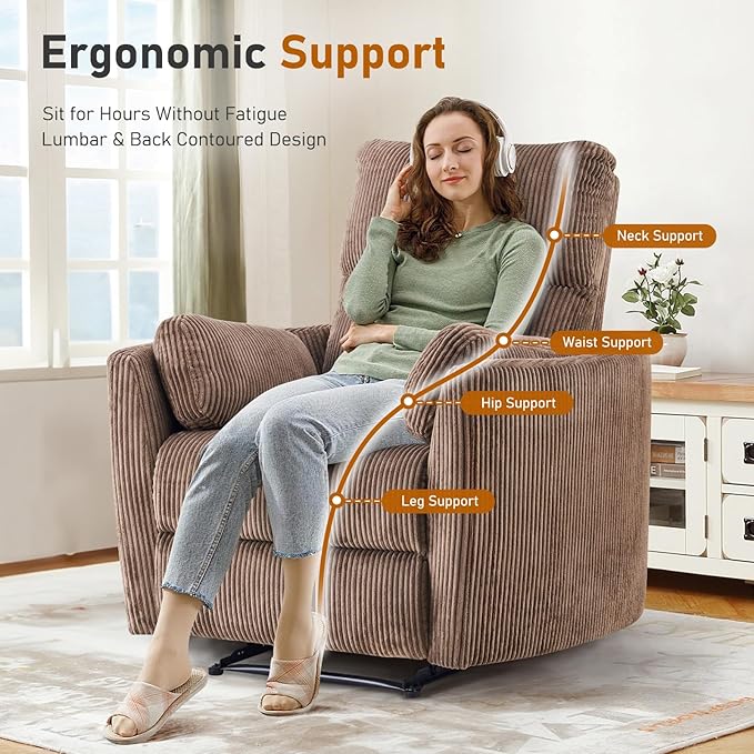 Furnimart Oversized Manual Recliner Chair for Adults 30 Extra-Wide Corduroy Recliner with Chunky Cushion High Back &amp Padded Armrests Comfy Chair for Living Room Bedroom Home Heater(Brown)