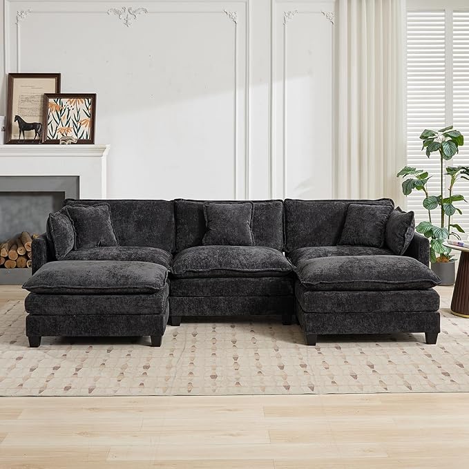111.5” Black Modular Sectional Sofa 3 Seater Large Sectional Couches for Living Room Chenille Fabric Oversized Cloud Couch with Ottoman Deep Seat Home Sofas Set Sofá Moderno U Shaped