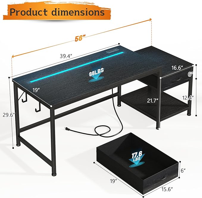 56 Inch Gaming Desk with Drawers and ShelfReversible Computer Desk with LED Lights and Power OutletsStudy Table with Hooks for HeadphoneBagsBlack Desk Work Desk for BedroomDorm