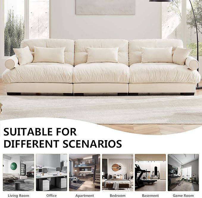 Aoowow Oversized 3 Seater Cloud Sofa Couch for Living Room130 Velvet Large 3 Seat Cloud Sofas with Deep SeatModern Fluffy Modular Sectional Sleeper CouchesTufted (Velvet Beige 3 Seater)