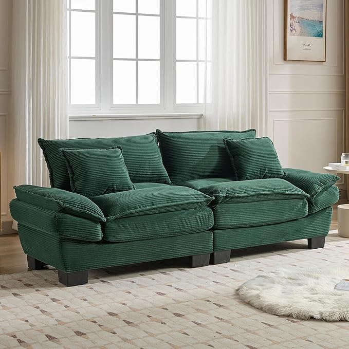 Modern 84 Corduroy Loveseat Sofa Ultra-Comfy Couch with 2 Pillows for Apartment Living Room Bedroom Home Office (Green)