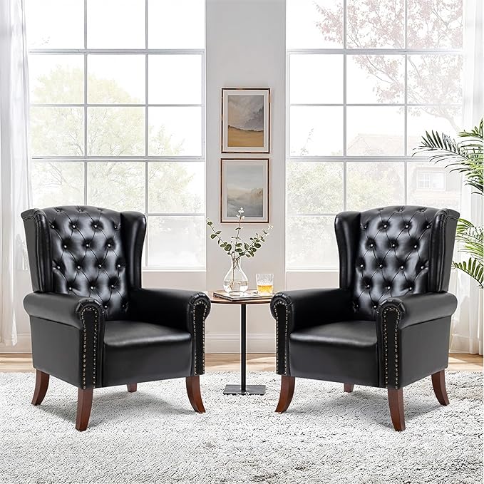 Modern Accent Chair Set of 2 Mid-Century Upholstered Wingback Armchair Club Sofa Chair with Wooden Legs Living Room Chair for Bedroom Balcony Lounge (Blue Check)