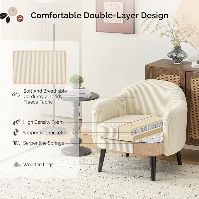 VINGLI 30.3 Wide Modern Barrel Accent Armchair with Track Armrest Solid Wooden Legs Comfy Upholstered Club Chair Round Single Home Sofa for Living Room Bedroom Reading Room Corduroy Beige