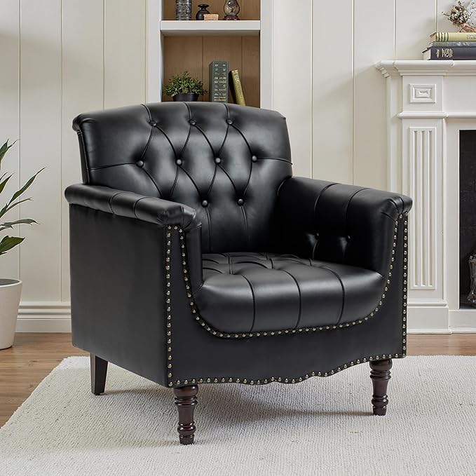 Faux Leather Accent Chair PU Leather Modern Comfy Upholstered Armchair with Wood Legs &amp Nailhead Trim for Living Room Bedroom (BlackSet of 2)