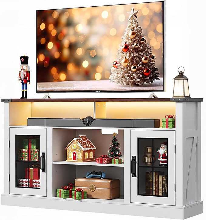 WLIVE Farmhouse TV Stand for 65 Inch TV Tall Entertainment Center with LED Lights &amp Storage Cabinets TV Media Console Table with Adjustable Shelf for Living Room Bedroom Home Theater Milk Whi