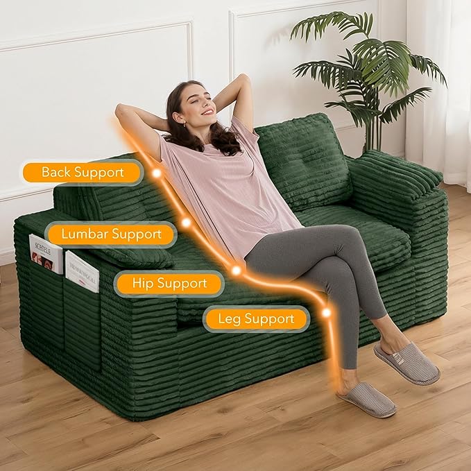 60in Loveseat Sofa Boneless Cloud Couch Sofa for Living Room 2 Seater Modern Lounge Sleeper Couch with Removable Cover Corduroy with Armrest Seat Cushion &amp Pillows for Small Spaces Green