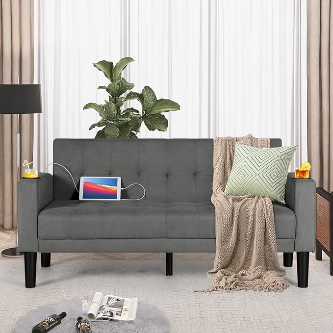AILEEKISS 62 Loveseat Couches Upholstered Fabric Linen Love Seat Sofas Couch with 2 USB Cup Holders Side Pocket Modern Tufted Sofa for Living Room Office Bedroom Apartment (2-Seat Dark Grey)