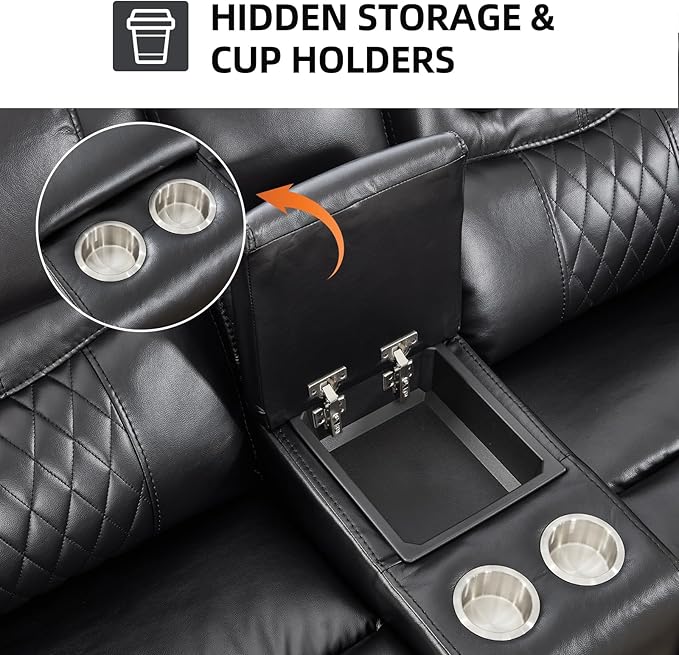 EBELLO Faux Leather Manual Loveseat Recliner Comfortable Armrest 2 Seat Recliner Sofa with Center Console Hidden Storage and Cup Holders Reclining Couch for Living Room Black (Loveseat)