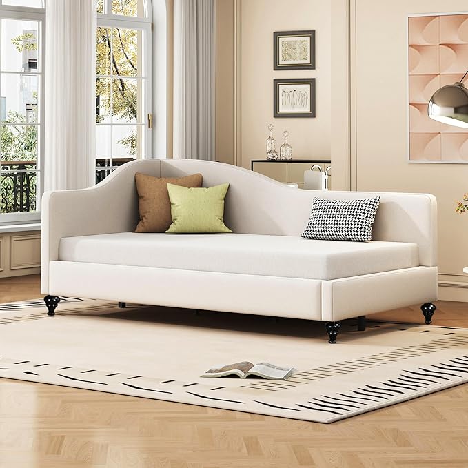 Merax Twin Size daybed L-Shaped Linen Daybed Corner Sofa with Solid Wood Legs for Living Room &amp Guest Room No Box Spring Needed Beige