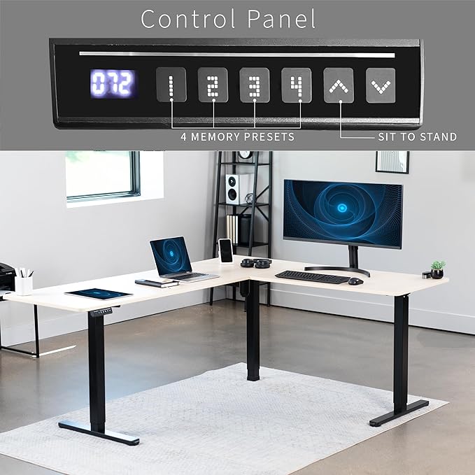 VIVO Corner Standing Desk 75 x 63 inch Reversible L-Shaped Workstation Electric Height Adjustment Home Office and Reception Rooms Light Wood Table Top Black Frame DESK-E3CTBC-75