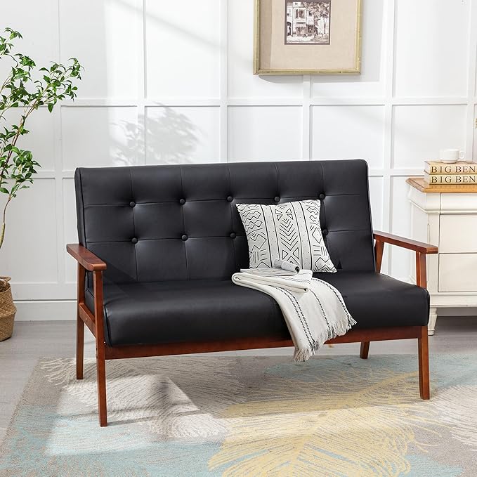 STHOUYN Black Small Leather Couch for Office Booth Seating 2 Person Waiting Room Bench Couch Mid Century Modern Loveseat Wood Sofa (Black)