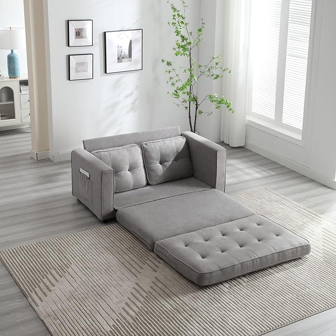 ERYE 55-Inch Loveseat Sofa with Pull Out Sleeper Couch Bed 3-in-1 Convertible Sleeper Sofabed W/Side Storage Pockets Modern 3 Fold Tufted Upholstered Pull Out Sofa Bed for Living Room Bedroom