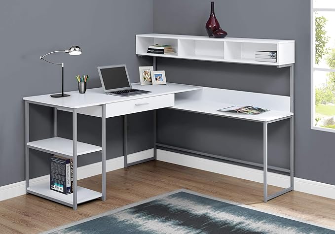 Computer Desk Home Office Corner Storage Drawers L Shape Work Laptop White Laminate Grey Metal Contemporary Modern