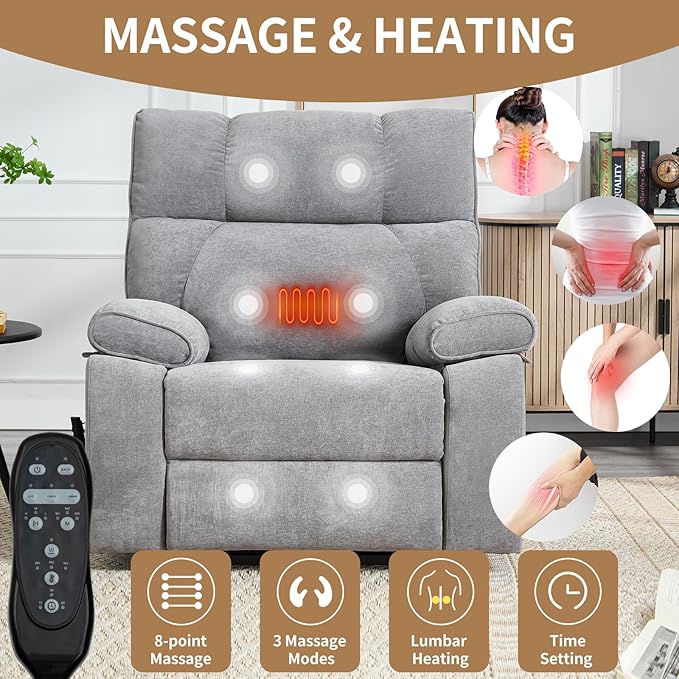 Oversized Power Lift Recliner Chair for Elderly Dual Motor Lift Chair with Vibration Massage &amp Lumbar Heating Standing Assistance Recliner with Cup Holders for Living Room - Chenille Fabric Gra
