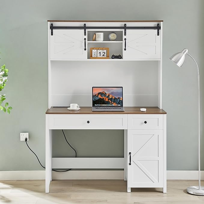 47 Farmhouse Executive Desk with Drawers Wood Home Office Desk wCharging Station File Drawer Storage Cabinet Rustic Computer Writing Desk (Antique White)