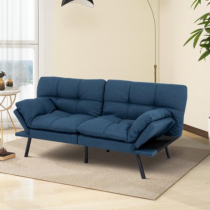 MUUEGM Futon Sofa Bed Convertible CouchMemory Foam Futon Sofa CouchSleeper Futons Sofa CouchesSmall Splitback Modern Loveseat Sofa Bed for Living RoomOfficeApartmentLinen FabricBlue.