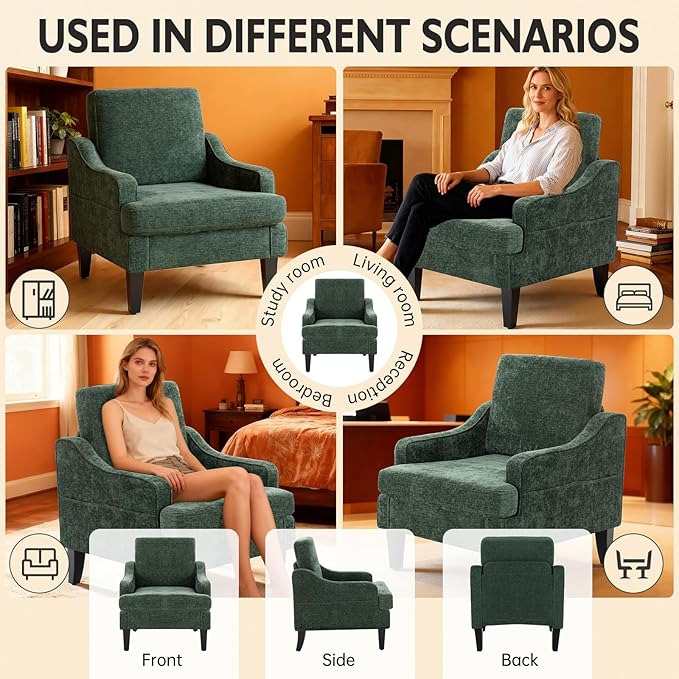 Accent Chair for Living Room Upholstered Living Room Chair with Side Pockets Comfy Accent Chairs for Bedroom Mid Century Modern Armchair for Office Apartment Waiting Room Club (Green)