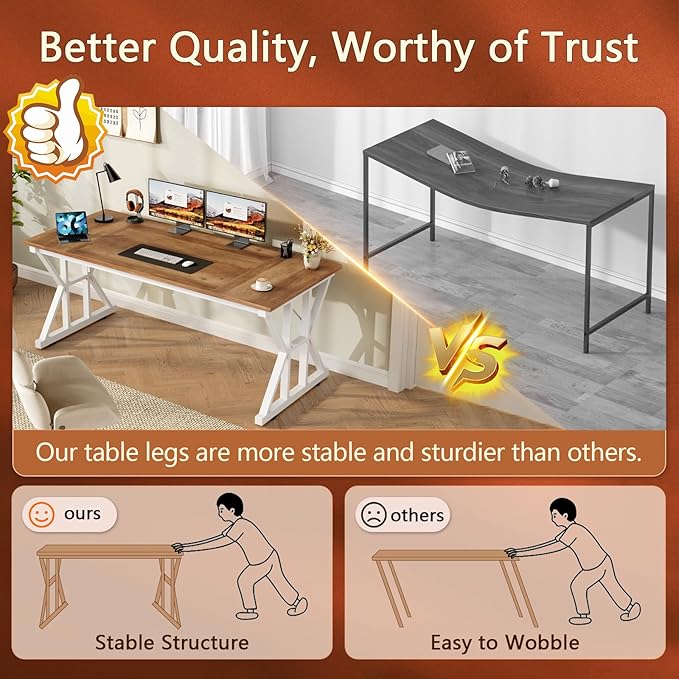 TVU Computer Desk 55 inch Large Office Desk Study Writing Table with Thicken Frame Gaming Desk Modern Simple Desk for Home Office Brown