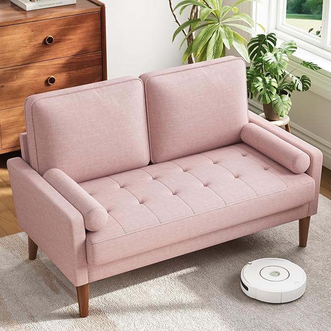 Vesgantti Loveseat Sofa with Solid Wood Legs 48 Small Couches for Small Spaces Love Seat for Living Room Bedroom Easy Assembly Mid Century Modern Couch with Throw Pillow for Apartment Pink