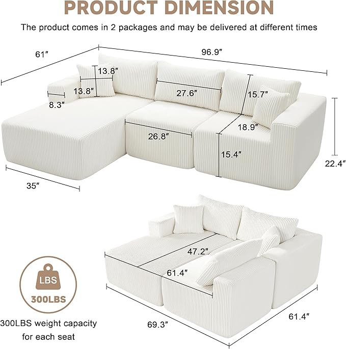 97 Modular Sectional Sofa L-Shaped Boneless Couch with Deep Seat Cozy Cloud Couch Sectional with Convertible Ottoman Modern Sectional Couches for Living Room（ Beige）