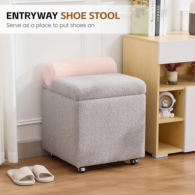 Boucle Vanity Chair with Storage Swivel Makeup Vanity Chair with Wheels &amp Safety Hinge Upholstered Vanity Stool Ottoman for Bedroom Dressing Room Grey