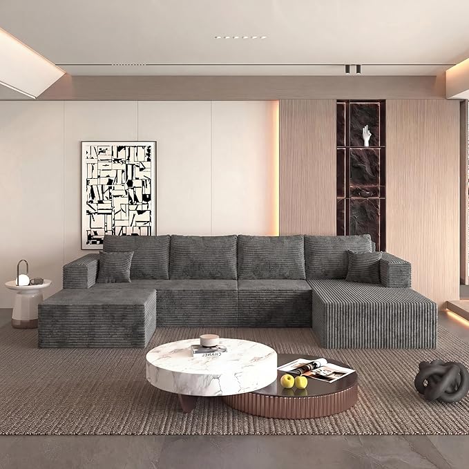 138 Modular Sectional Sofa U-Shaped Cloud Couch with Deep Seats &amp Chaise Convertible Corduroy Boneless Couches for Living Room No-Assembly - Grey (Right Facing Chaise)