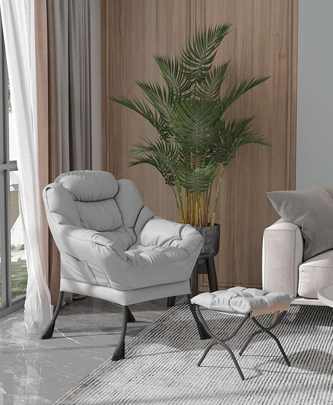Living Room Chair with Ottoman Modern Lounge Accent Chair with Armrests and a Side Pocket Leisure Upholstered Sofa Lazy Chair Reading Chair with Footrest for Small Space (Gray)