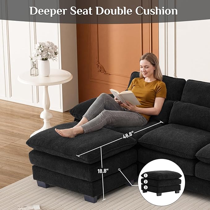 114 U Shaped Cloud Couch Sectional Modular Sofa Sectional Couches for Living Room Modern Comfy Chenille Modular L Shaped Sofa Set with Chaise Lounge Ottoman Black