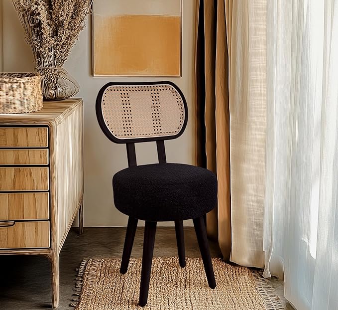 ZYBT Rattan Dining Chair Boho Makeup Vanity Chair for Makeup Room Mid Century Modern Boucle Chair Black Cane Dining Chairs Upholstered Wood Accent Chair Cute Sherpa Chair with Back 1 Pc