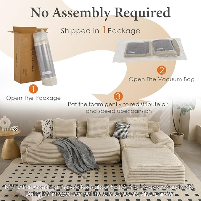 VK·LIVING 113 Cloud Sectional Couch 61.6 Deep Seat Boneless Modular Sofa with Wide Armrests Plush Corduroy Memory Foam Couch for Living Room No Assembly Sage Green