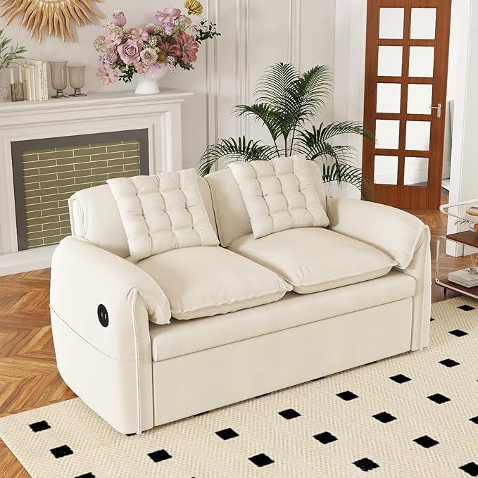 3-in-1 Sleeper Sofa Bed(87 Length)62.9 W Couch with Pull Out Bed with 6-Position Adjustable BackrestHidden Storage &amp USB for Living RoomBeige