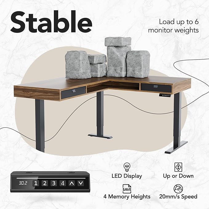 HUANUO Electric L Shaped Standing Desk 63″x55″ Height Adjustable Corner Computer Desk with 2 Under Desk Drawers &amp Open Storage Sapce Sit Stand Up Table with Power Strip Tray &amp Cable Grommets