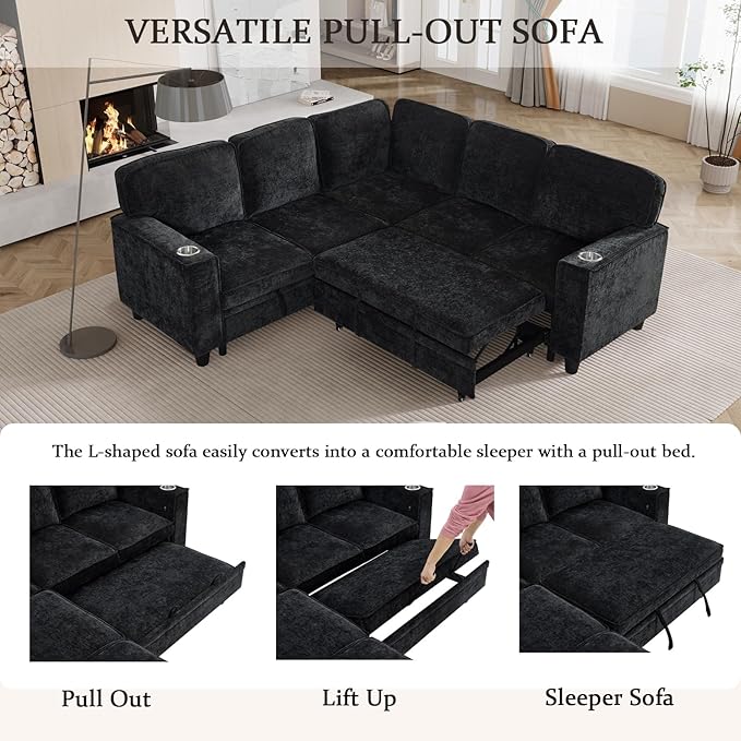 KEIKI 81 L-Shaped Oversized Chenille Modular Sectional Sleeper Sofa with Pull-Out Bed Storage Seat Modern 5-Seater Upholstered Couch Bed with Charging Station Easy Assembly for Living Room Black