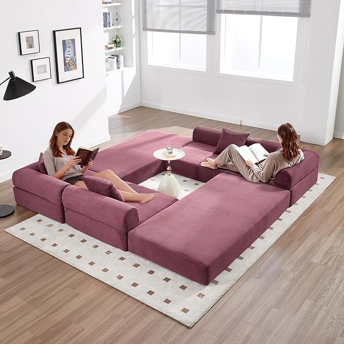 10-in-1 Folding Convertible Sofa Bed 141 Inch Boneless Couch with Fixed-Shape Frame Corduroy Modular Sectional Sofa Mattress Sleeper Sofa Floor Sofa Futon Couch for Living Room (Wine Red)