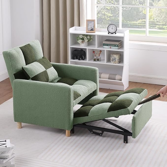 Sleeper Chair Bed Multi-Functional Convertible Chair Sleeper Teddy Fabric Adjustable Single Pull Out Sofa Bed with Lumbar for StudioApartment BedroomLiving Room (Green)