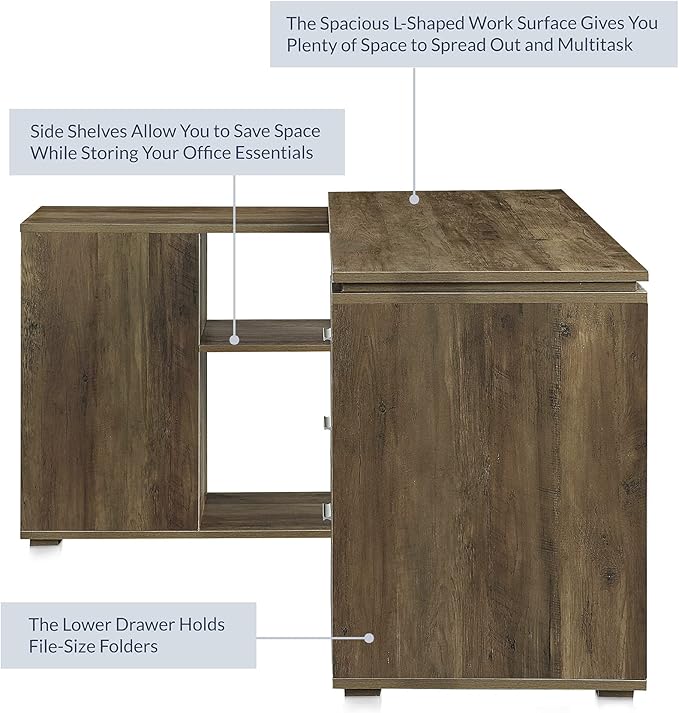 BELLEZE L Shaped Computer Desk 60” Study Writing Table Home Office Desk Morden Corner Workstation Setup with Adjustable Storage Shelves and 3 Drawers Rustic Oak