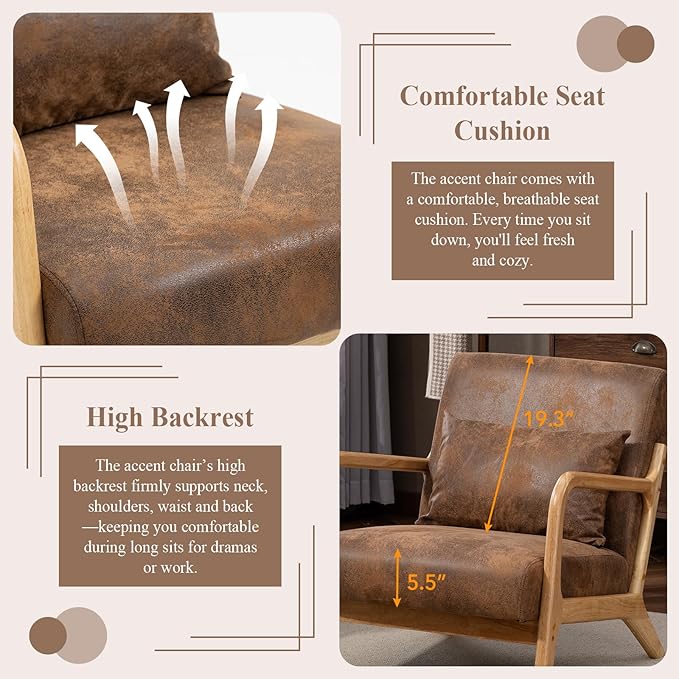 Minimalist Accent Chair Gold-Foiled Fabric Upholstered Mid-Century Modern Chair with Pillow Lounge Arm Chair with High Backrest Comfy Reading Chair for Living Room Balcony (Brown)