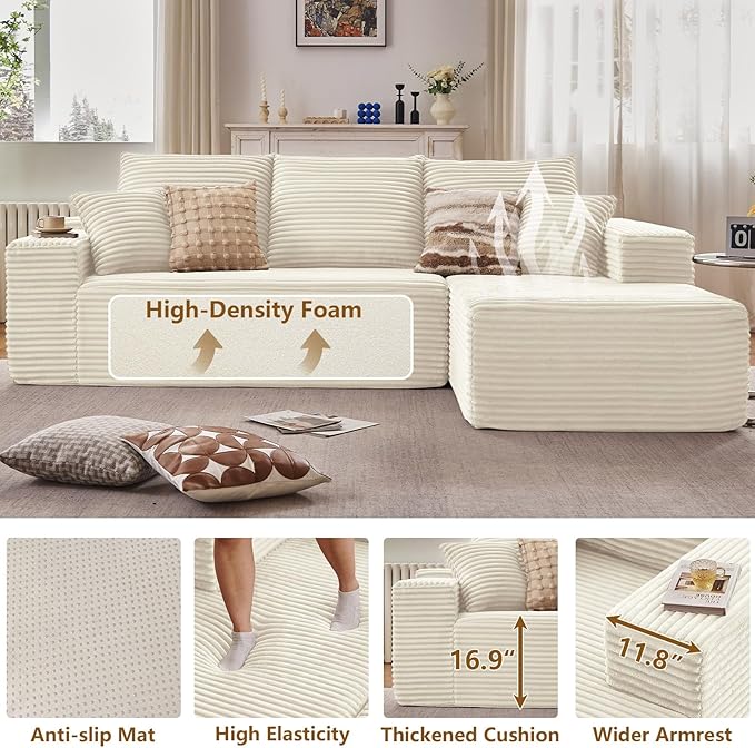 107 Cloud Sectional Couch with L-Shape Chaise Modern Modular Comfy Sofa Chaise Longue Upholstered Corduroy Couches Sleeper with Deep Seat for Living Room Bedroom No Assembly Required White
