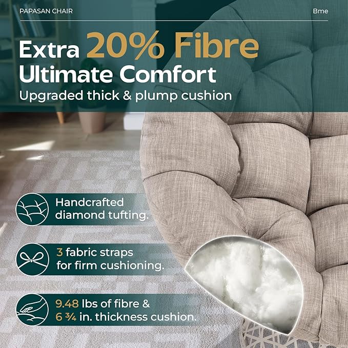 Bme 40 Ergonomic Wicker Papasan Chair with Soft Thick Density Fabric Cushion High Capacity Steel Frame 360 Degree Swivel for Living Bedroom Reading Room Lounge