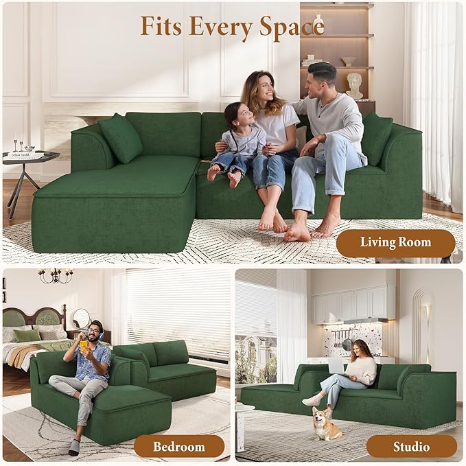 Vesgantti 106 Cloud Couch Sectional Modular Sofa Deep Seat Comfy Cloud Couch Chenille Memory Foam Sofa Modular Couches for Living Room Bedroom No Assembly Required (Green Left-Facing Chaise)