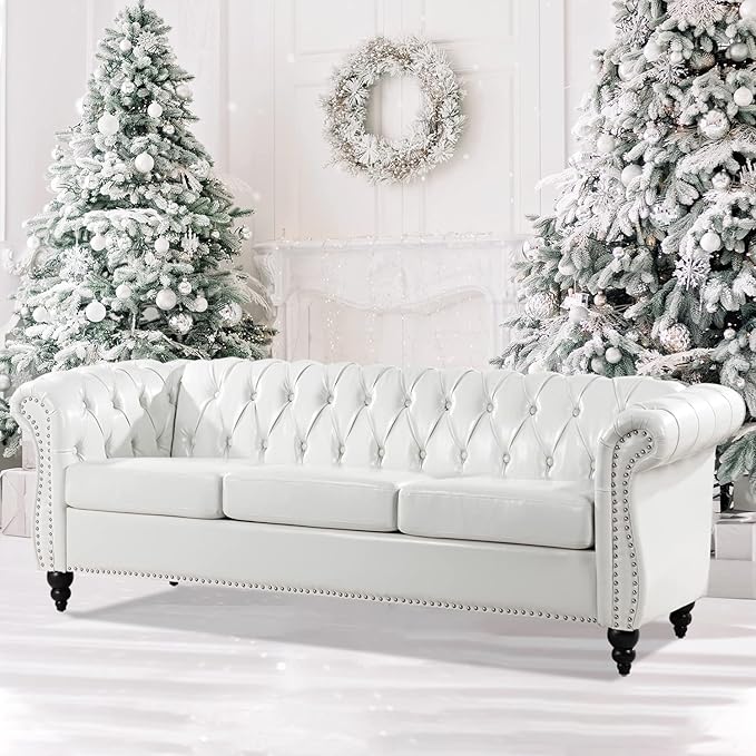 White Sofas for Living Room Faux Leather Chesterfield Sofa 84 Rolled Arm 3-Seater Couch Sofa with Button Nailhead Upholstered Sofa Furniture Easy to Assemble (White)