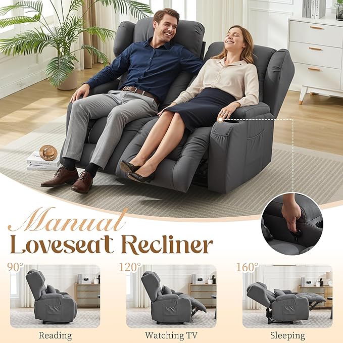 BINGTOO Manual Double Loveseat Recliner Sofa 2-Seater RV Wall Hugger Couch for Living Room &amp Home Theater with Cup Holders/Side Pockets/Lumbar Pillows Fabric Dark Gray