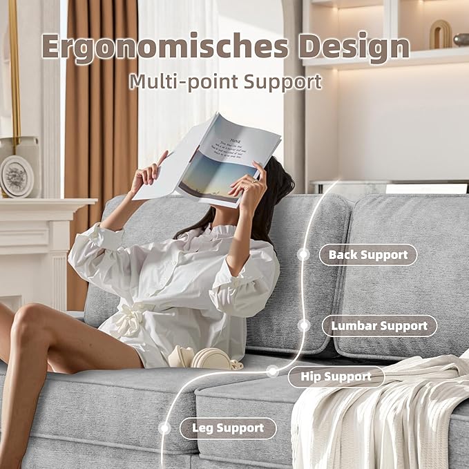 3 Seater Sofa Couch with Deep Seats 84 Mid Century Modern Chenille Fabric Sofa with Armrests Comfy Couches for Living Room Bedroom Apartment and Office