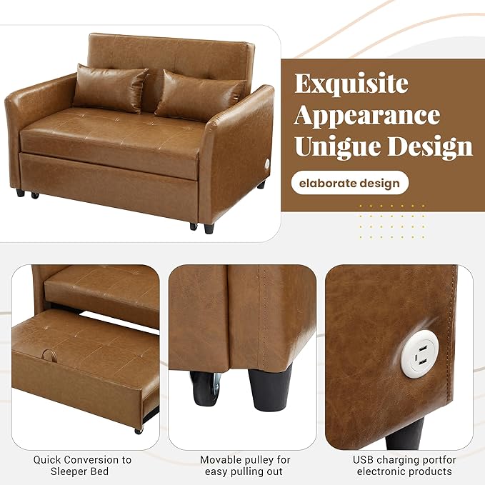Brown Convertible Sofa Bed 3-in-1 Sleeper Sofa with Pull-Out Bed PU Leather Futon Couch with Adjustable Backrest USB Port for Living Room Bedroom Apartment RV (Brown)