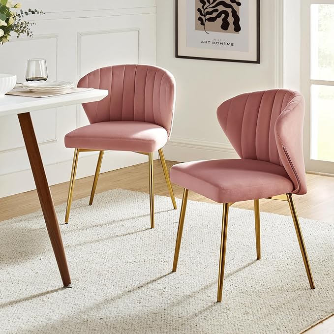HULALA HOME Dining Chairs Set of 2 Velvet Upholstered Kitchen &amp Dining Room Chairs with Metal Legs Vanity Chair Armless Side Chairs for Living Room Bedroom Restaurant Channel Curved Backrest Pin