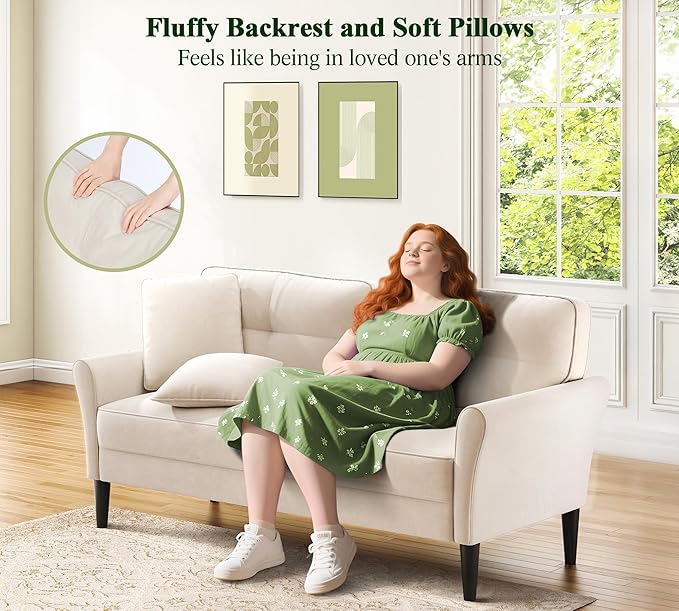 Loveseat Sofa 69 Love Seat Couches Comfy Velvet Small Sofa Couch for Bedroom with 2 Pillows Tool-Free Setup Sofas &amp Couches 700lb Load Sofas for Living Room Mini Couch for Bedroom White Cou