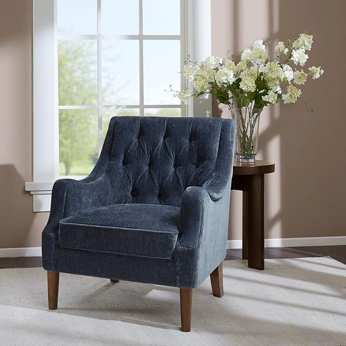 Madison Park Qwen Upholstered Accent Chair with Solid Wood Legs Button Tufted Round Arms Removable Seat Cushion Transtional Pipped Padded Cushion Seat Bedroom Lounge Comfy for Reading Navy